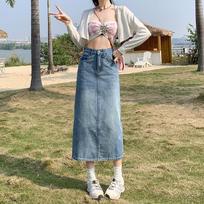 High-waist Denim Skirt for Women In Spring and Summer A-line Mid-length Slit Slim Hip Skirt XS