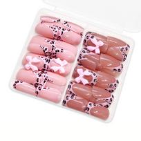 Pack of 48 Glossy Pink Press On Nail with 3D Bows Leopard Pattern Short French Tip Square Shape False Nail for Women pink