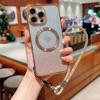 Electroplate Magnetic Wrist Strap Phone Case for IPhone 16 15 14 Plus 13 12 11 Pro Max Love Gradient Glitter Protective Cover For iPhone 16 Pro Max