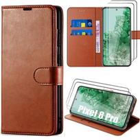 2 Verres Trempés + Coque pour Google Pixel 8 Pro, Coque Portefeuille Anti-Rayure Effet Cuir Marron