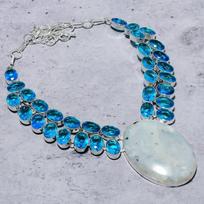 Rainbow Moonstone, Blue Topaz 925 Sterling Silver Jewelry Necklace 18  k2v95