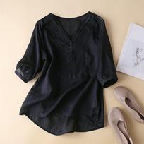 Women's Solid Color Cotton And Linen Short-sleeved Embroidered Retro Breathable T-shirt Round Neck Top L juoda
