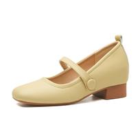Hong Kong sheepskin single shoes women's middle heel 2024 spring and autumn new square head thick heel retro color matching soft sole leather women's 32 chaki