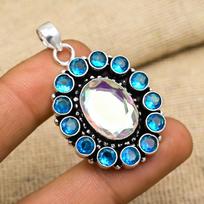Mystic, Blue Topaz Gemstone 925 Solid Sterling Silver Jewelry Pendant For Wedding Gift 1.85 Inches balta