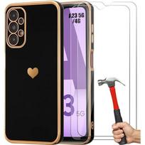 TPU Case - Booling - for Samsung Galaxy A23 4G-5G - Black - Flexible - Heart Pattern - 2 Tempered Glasses juoda