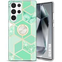 Silicone Case for Samsung Galaxy S24 Ultra, Turquoise Marble Pattern with Ring Holder