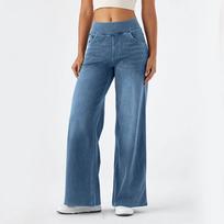 Baggy Ladies Wide Leg Trousers with Elastic Waistband High Waist Stretch Vertical Tube Trousers Stylish Womens' Multi-pocket Straight Loose Jeans 42