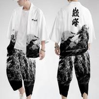 Vyrai Vasaros kinų raidžių spauda Kimono paltas Striukė Viršutinės kelnės Kelnės Viršutiniai drabužiai Laisvi laisvi balti mados rinkiniai 5XL juoda