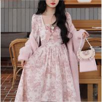 Pink Kawaii France Vintage Dress Women Floral Print Elegant Evening Party Midi Dresses Lace Bubble Sleeve Retro Sweet Dress 2025 S rožinė