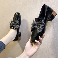 Wind small leather shoes women's spring new versatile square head shoes thick heel single shoes women 34 gray