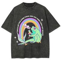 Selling Frog Rainbow Flower Print Women's T-Shirt Washed Cotton Oversized Tees High Quality Unisex Short Sleeve Funny S