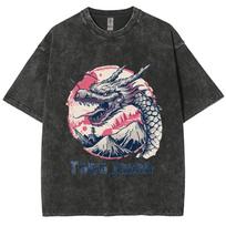 Japan Tokyo Alphabet Dragon Print Women's Wash T-Shirt Cotton Loose Large Size Unisex Half Sleeve Vintage Niche Top S