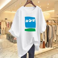 Pure cotton tide brand short-sleeved oversize women's summer landscape printing casual heavy T-shirt couple white top tide S