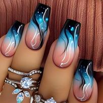 24 Pcs Long Ballerinas Press On Nail Blue Gradient Flame False Nail Acrylic Nail Glossy Full Cover Stick on Nail black
