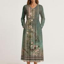 Suknelė moterims ilga boho paplūdimio suknelė elegantiška maxi suknelė V formos iškirpte ilgomis rankovėmis su kišenėmis L armijos žalia spalva