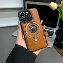 Prabangus magnetinis stovas, PU odinis telefono dėklas, skirtas iPhone 16 15 14 13 12 Pro Max Magsafe belaidžio įkrovimo tuščiaviduris logotipo dangtelis For iPhone 15 brown