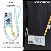 KEYSION Crossbody Strap Phone Case for OPPO A58 4G A38 A18 Cute Cartoon Long Lanyard Mirror Shockproof Cover for OPPO A17 A17K for OPPO A58