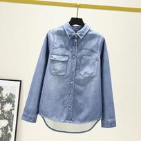 High-End Soft Denim Shirt: Retro Hong Kong Style, Warm Velvet-Lined, Casual Lyocell Tencel Top for Women - Autumn/Winter L (105-120 lbs) mėlyna