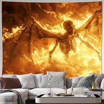 2D Dark Fantasy Fire Skeleton Demon Tapestry Burning Winged Monster Wall Decor Cloth for Home & Bedroom 47.2x31.5inch/120*80cm