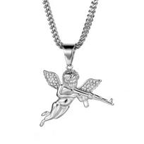 Kerštingasis Angelas AK-47 Pistoletas Kulkosvaidis Pakabukas Inkrustuotas Lediniu Krištolo Cirkonio Karoliai Vyriški Hip Hop Rock Tendencija Šaunus Papuošalas Dovana gray