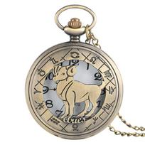Aries Design Quartz Pocket Watch Bronze Zodiac Constellation Watch with Chain Men Women Gift gray