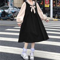 Suknelė, moteriška jūreivio apykaklė, miela mergaitė, moteriška, elegantiška Ulzzang studentės, Kawaii, japoniško stiliaus kratinys, pūstos rankovės. S juoda