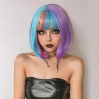 Perukai su kirpčiukais Trumpas Bobo perukas su plaukų tinkleliu Karščiui atsparus sintetinis moterims Cosplay SS178-1 blue