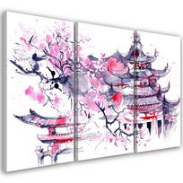 Trijų dalių paveikslo drobės spaudinys Pagoda Vyšnia Japonija Dažytas 60x40 rožinė