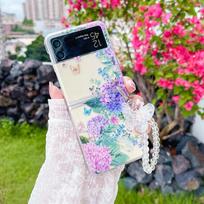 For Samsung Galaxy Z Flip 4 3 Case Flowers Painted Bracelet Transparent Shockproof Pc Hard Back Cover For Samsung Zflip 4 3 Case For Samsung Z Flip 4