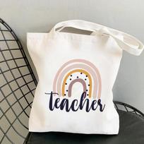 Teacher Supplies Paraprofessional Rainbow Printed Tote Bag Women Shopper Funny Handbag Shoulder Shopping Lady Gift Canvas Bag 24*26cm white