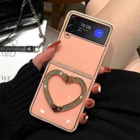 Diamond Hearts telefono stovo dėklas, skirtas Samsung Galaxy Z Flip 3 Z Flip 4 5G kietasis kompiuterio galinis dangtelis, skirtas ZFlip3 dėklui, apsauginis apvalkalas SAmsung Z Flip 3 rožinė