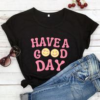 GEROS DIENOS Clorful Happy Face Grsphic Print marškinėliai Madingi Positice Tee Moteriški Laisvalaikio Grunge Vintažiniai Topas S juoda