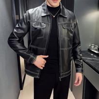 Žieminė elastinga plona vyriška retro motociklo PU odinė striukė su trimatėmis kišenėmis, metalinėmis sagomis Darbo stiliaus minkšta odinė striukė XXXXL