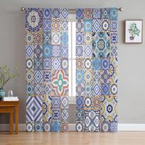 Moroccan Tiles Colorful Arabesque Tulle Sheer Window Curtains for Living Room the Bedroom Modern Voile Organza Curtains Drapes W135 x H115cm x1