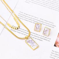 Colorless Small Square Collarbone Chain Necklace Trendy and Versatile Double Layer Snake Bone Chain Beimu Square Pendant Earring Set 44CM beige
