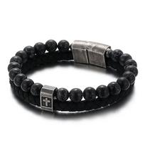 European and American tide male personality pine stone bracelet fashion men's cross leather bracelet 21cm
