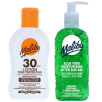Malibu spf30 vandeniui atsparus balzamas 200ml + alavijo gelis po įdegio 200ml