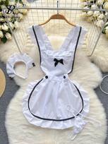 Sweet Bow Ruffles Erotic Pajams Dress Women A-line Sheath Short Tank Top Night Dress Cosplay Sexy Lingerie Nightwear One Size balta
