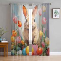 Easter Tulips Eggs Bunny Tulle Curtains For Living Room Sheer Curtain For Bedroom Kitchen Blinds Voile Curtains 135W x 114H(cm) gray