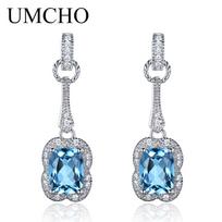 UMCHO 3.2CT Natural Blue Topaz Gemstone Earrings 925 Sterling Silver Earrings For Women Anniversary Birthday Valentine's Day Jewelry Gifts dangaus mėlyna spalva