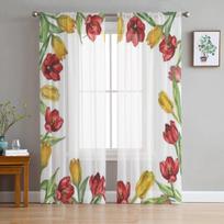 Yellow And Red Tulips Sheer Curtains For Bedroom Living Room Tulle Curtains For Kitchen Voile Curtains Window Treatment 135W x 114H(cm) white