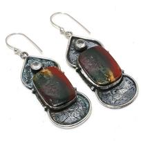 Natural Bloodstone, White Topaz Gemstone 925 Sterling Silver Earring 2.60  h7K75