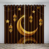 Ramadan Moon Lamp Drape Mubarak Islamic Curtains Bring Good To Be Recognized By Allah For Bedroom Living Room Window Shutters W50xH130(CM)x2PCS-Rod pocket black
