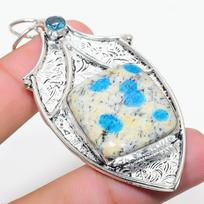 Natural K2 Blue Azurite, Blue Topaz 925 Sterling Silver Pendant 2.84  q0u53
