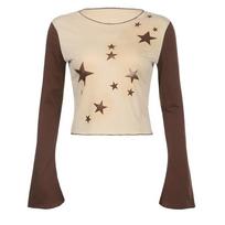 Harajuku style reverse car collar contrasting color sparkling star print T-shirt with personalized and versatile micro flare long sleeved top S ruda