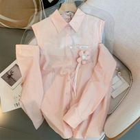 Pink Turn-down Collar Sunscreen Women Shirt Autumn New Loose 3D Flower Design Ladies Blouse Casual Off Shoulder Blusas Top onesize rožinė