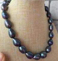 Noble jewelry Freshwater huge 9-10mm baroque black green pearl necklace
