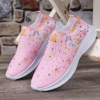 Fashion Print Breathable Sneakers Women Shining Crystal Socks Sports Shoes Woman Slip-On Soft Bottom Casual Shoes Female 37 rožinė