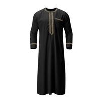 Vasaros vyriškas chalatas Retro apvalia iškirpte su pusiau užtrauktuku, ilgomis rankovėmis, laisvas, Malaizija, Artimieji Rytai, Arabų, Dubajus, Tradicinis maxi chalatas, ilgas viršus S juoda