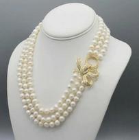 Hand knotted 8-9mm white freshwater pearl necklace micro inlay zircon bow clasp fashion jewelry